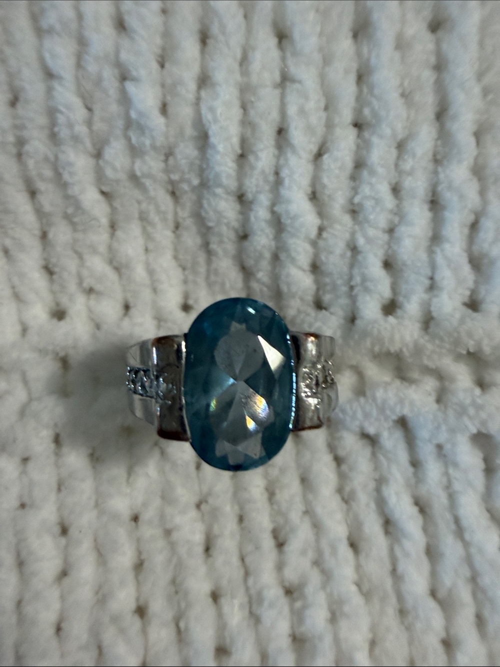 Teal Oval Faceted Gemstone Ring in Silver-Tone